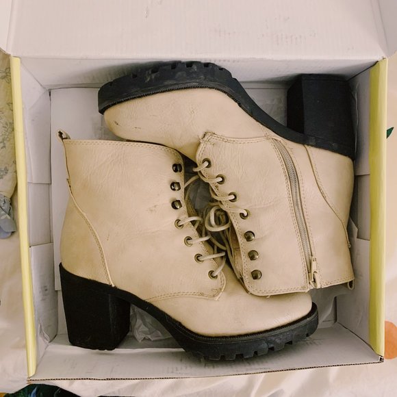 Cathy Jean Beige Lace Up Heeled Booties - Picture 1 of 7
